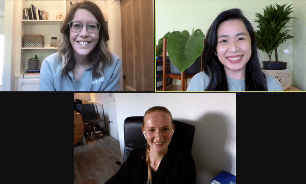 screenshot of 3 women all smiling on Zoom call