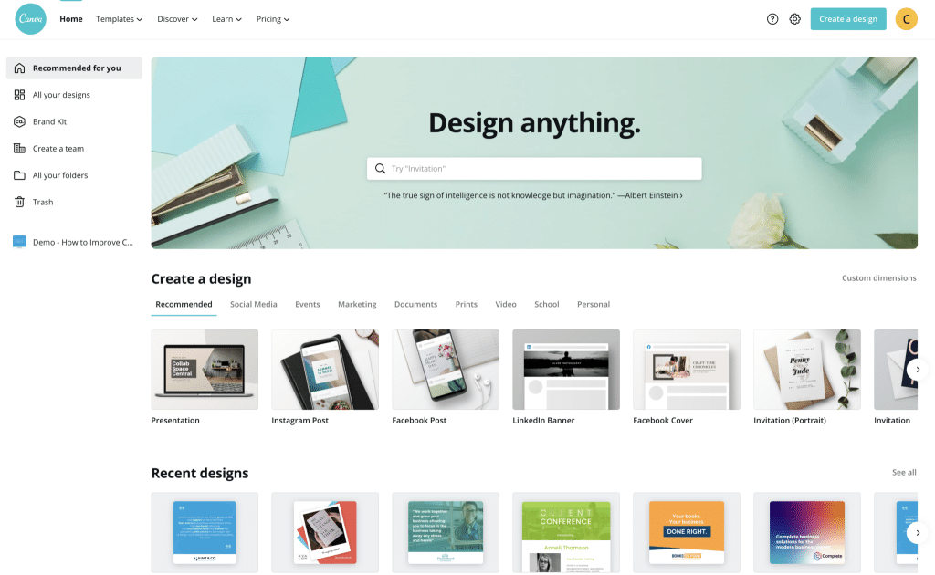 Screenshot of Canva home page
