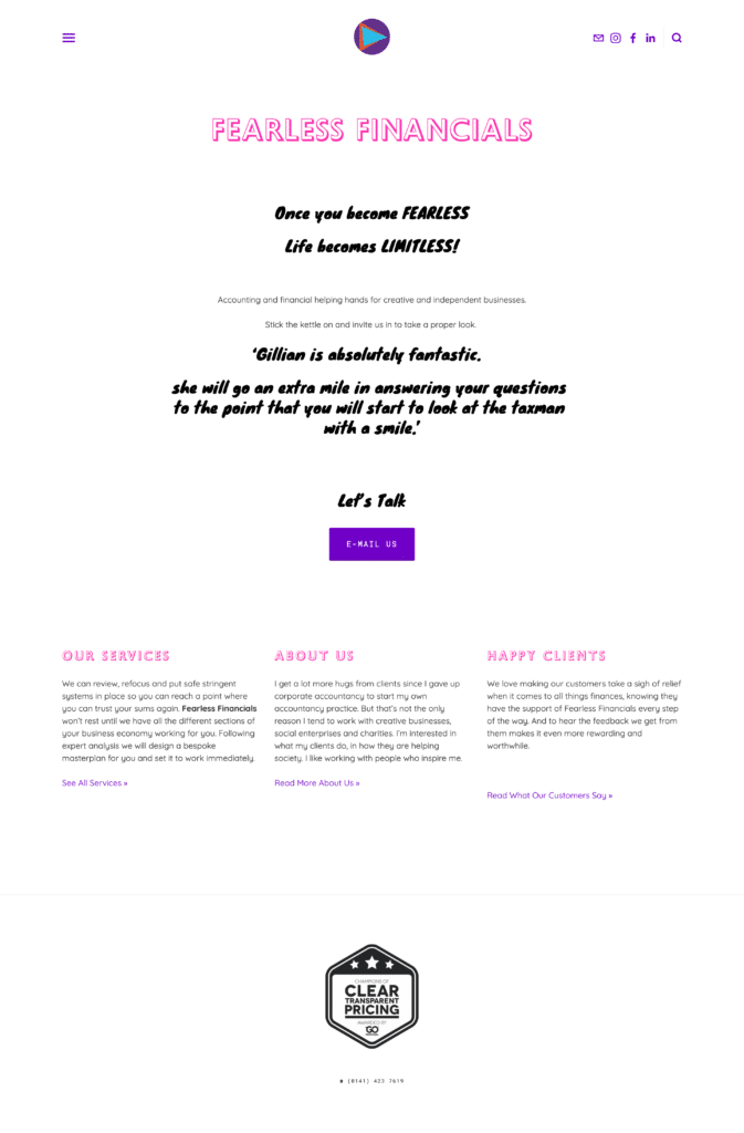 screenshot of old website homepage with black and pink text and no graphics